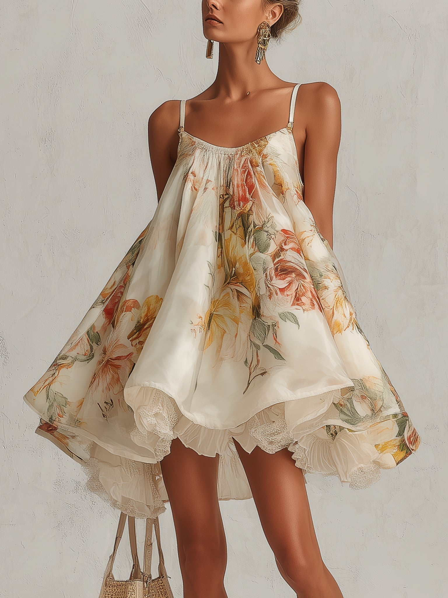 Melody | Beige Floral Organza Lace Trim A-Line Mini Dress