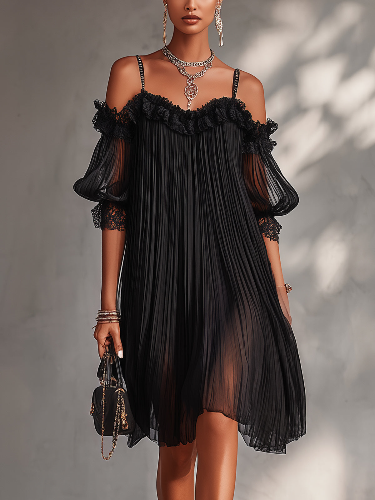 Clara | Black Off-Shoulder Lace Trim Pleated Mini Dress