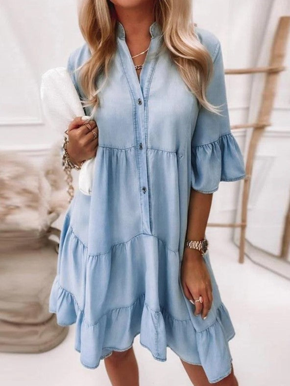 Isabelle | Washed Denim Solid A-Line Half-Sleeve Midi Dress