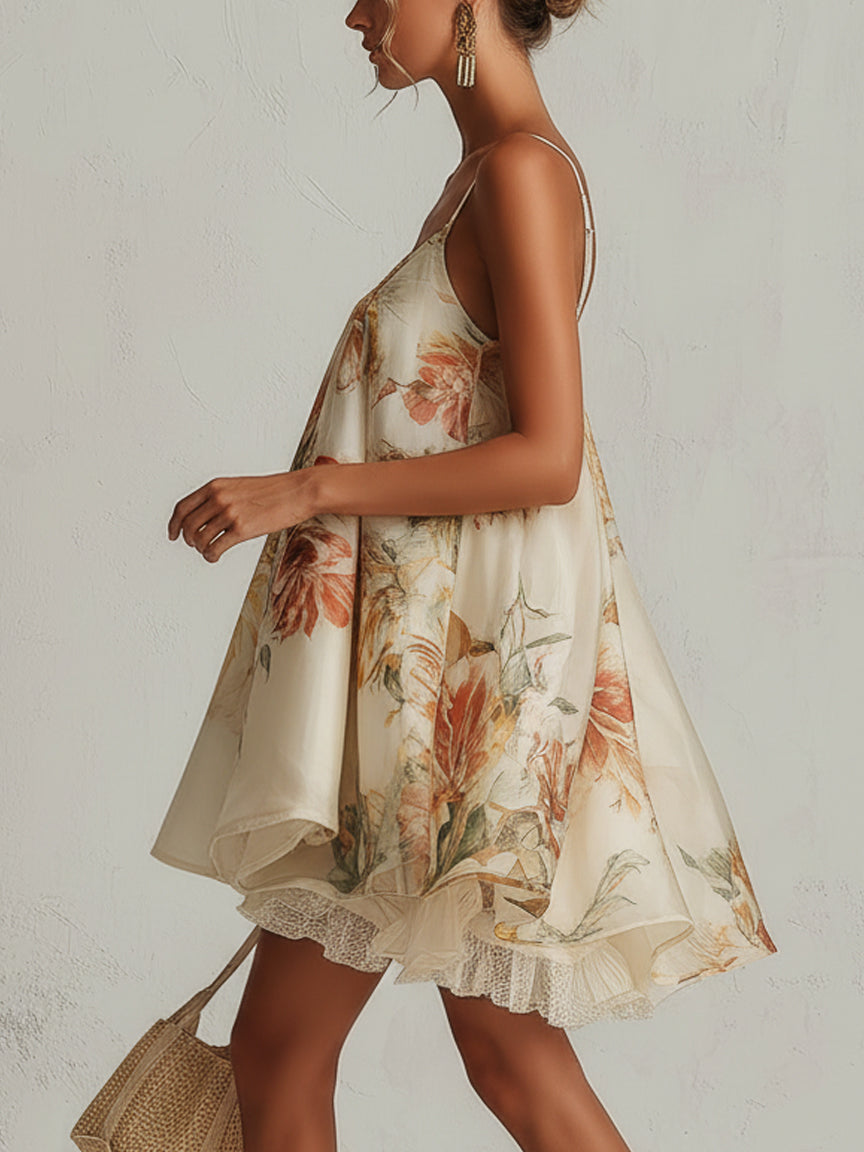 Melody | Beige Floral Organza Lace Trim A-Line Mini Dress