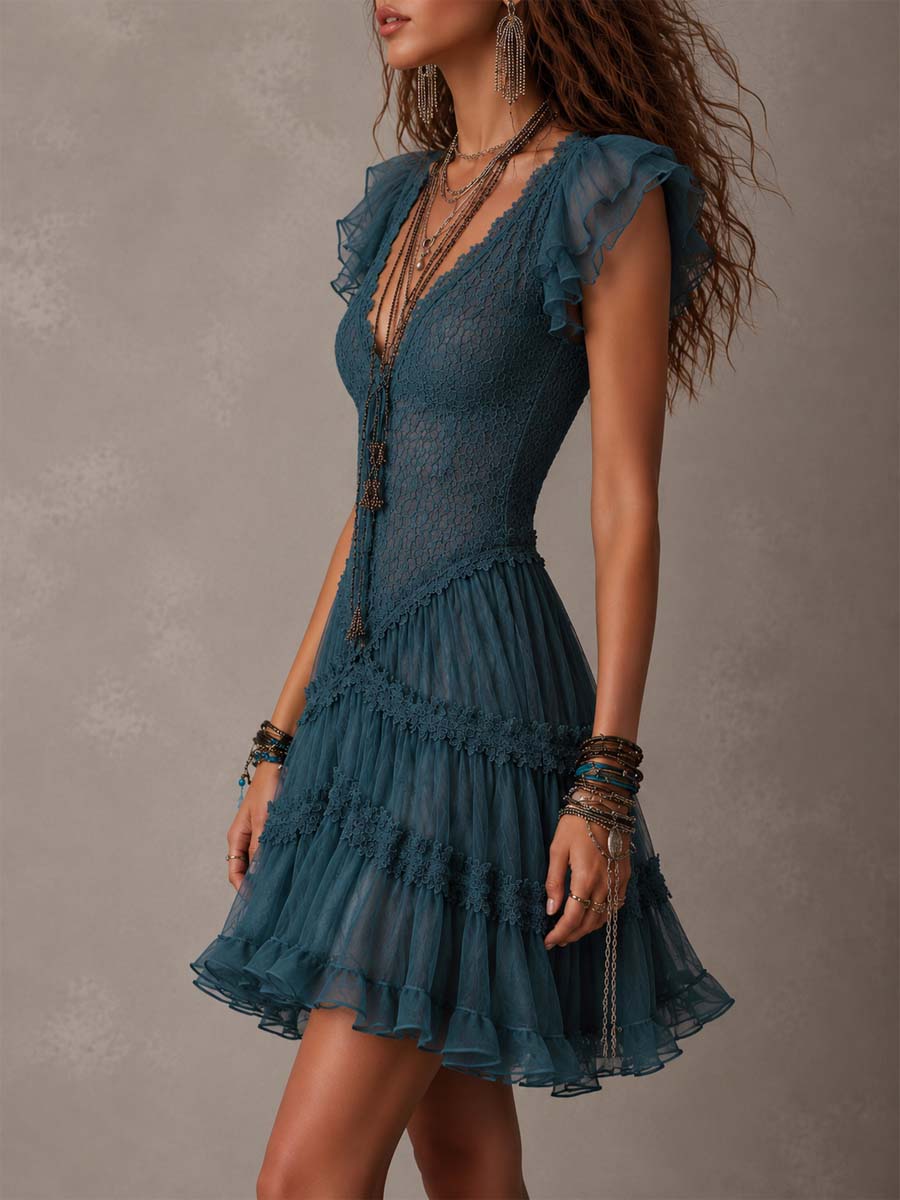 Adeline | Retro Blue Lace & Chiffon Ruffled Mini Dress