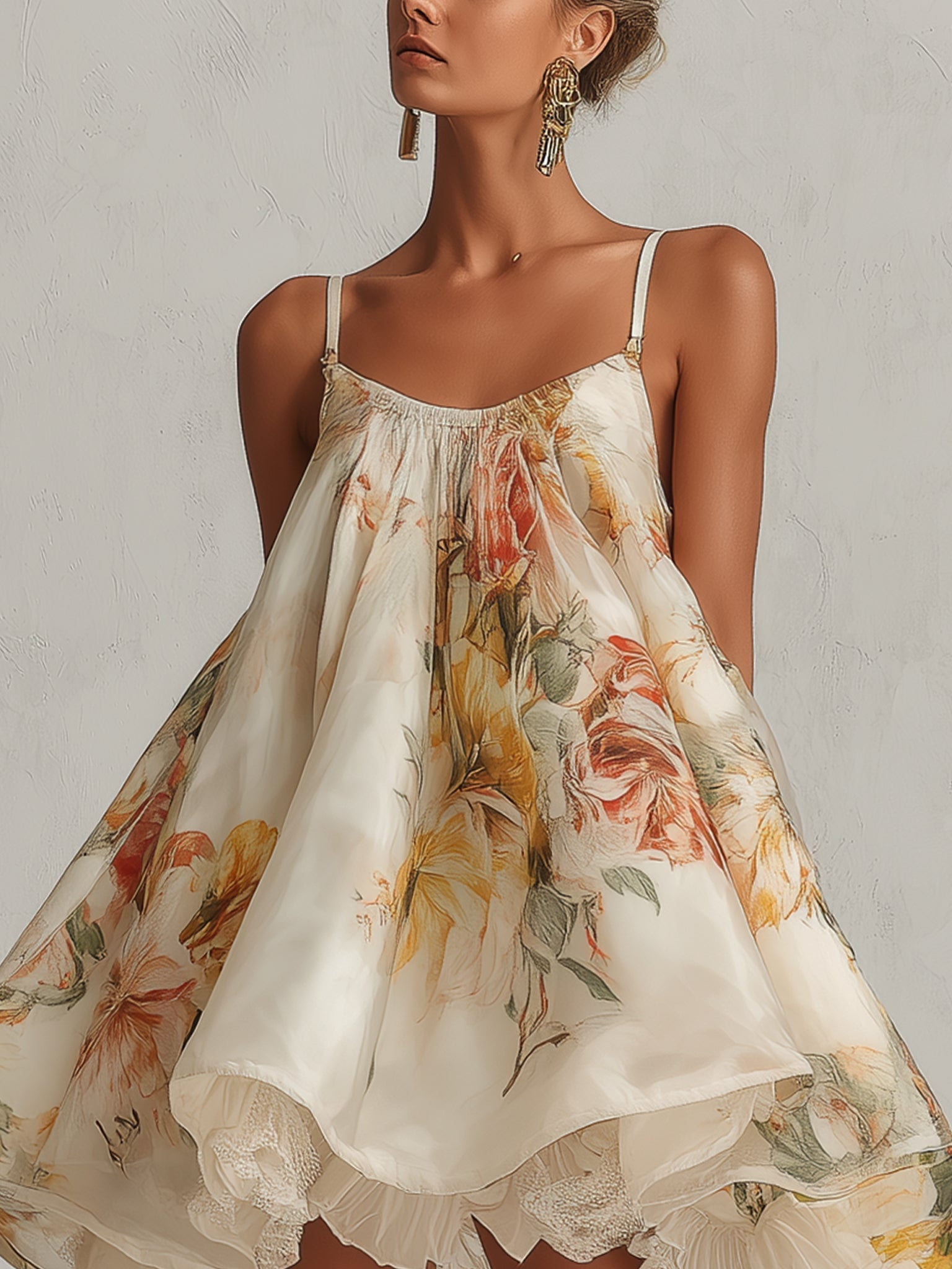 Melody | Beige Floral Organza Lace Trim A-Line Mini Dress