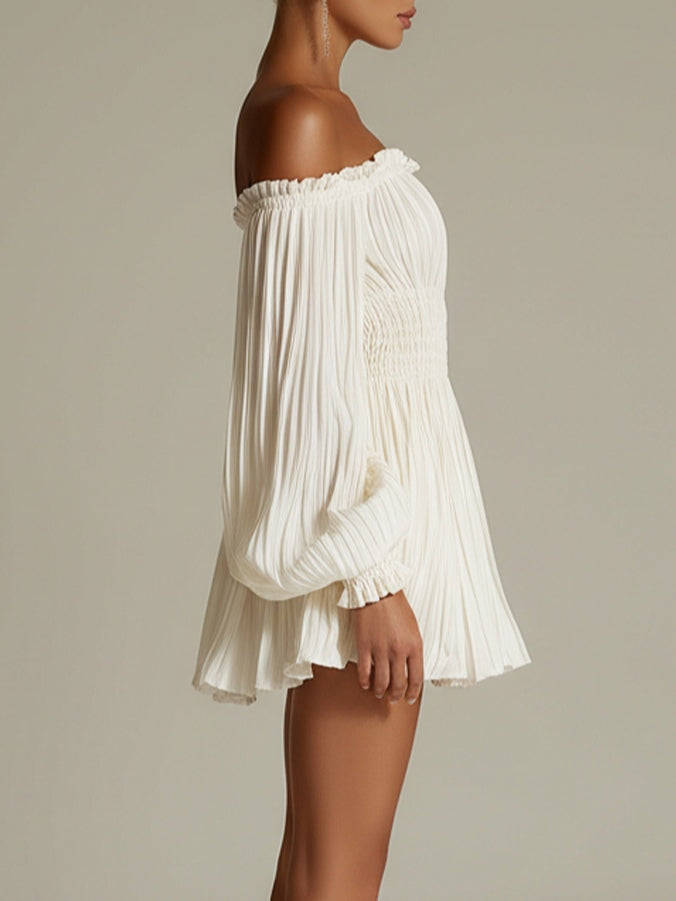 Amber | White Off-Shoulder Smocked-Waist Mini Dress