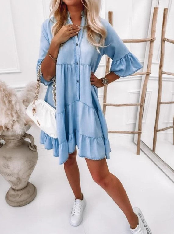 Isabelle | Washed Denim Solid A-Line Half-Sleeve Midi Dress