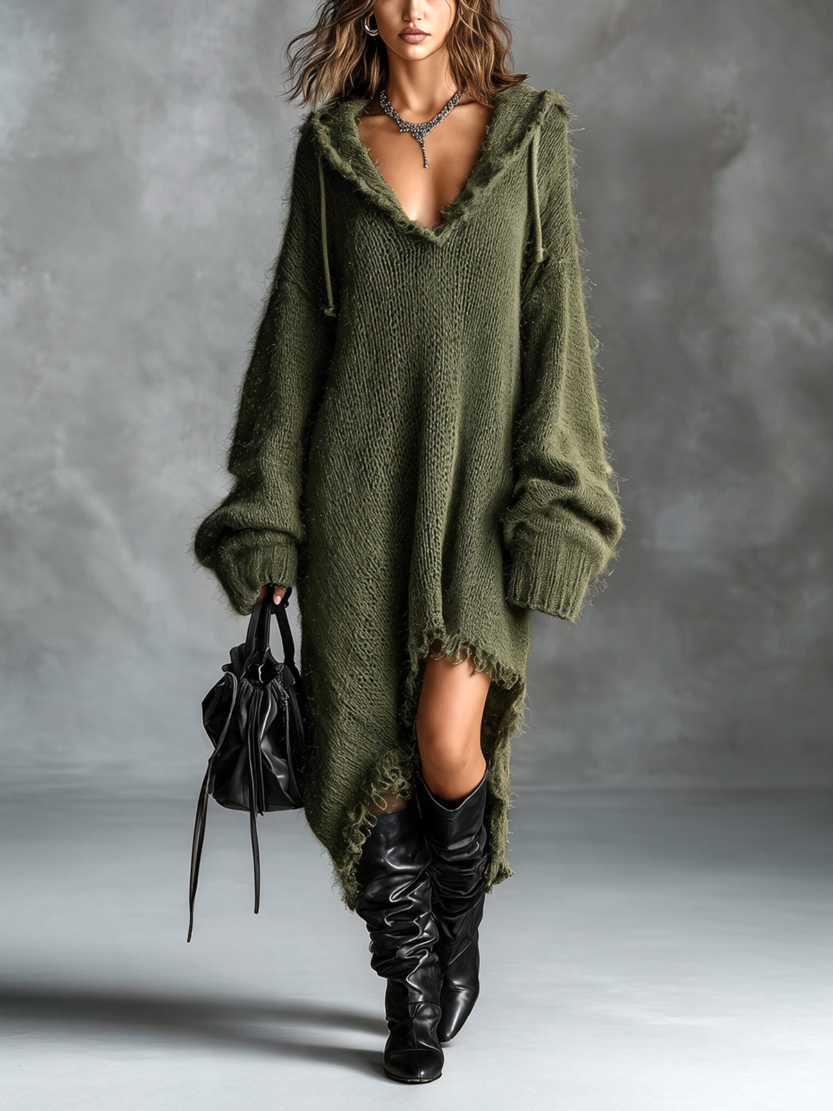 Hazel | Fuzzy Knit Hooded Midi Dress