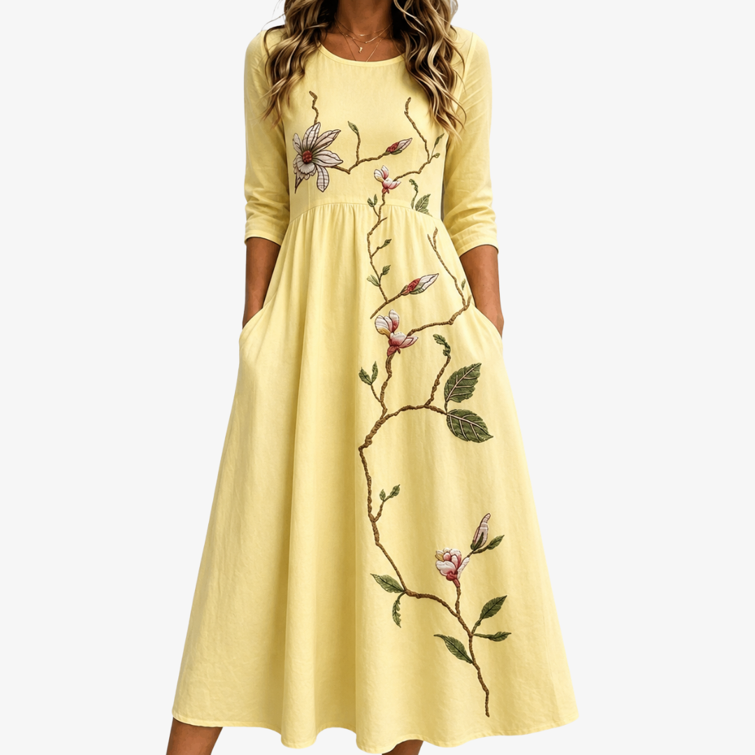 Rylee | Golden Blossom Yellow Floral Pocket Midi Dress