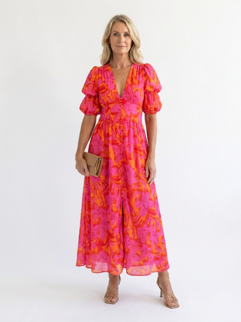 Fiona | Floral V Neck Puff Sleeve Midi Dress