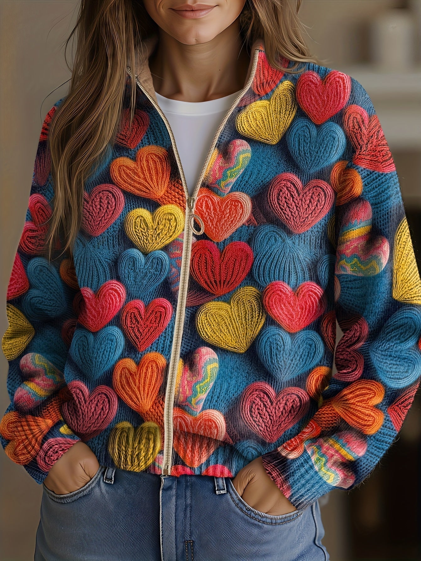 Melody | Multicolor Heart Applique Zip Cardigan