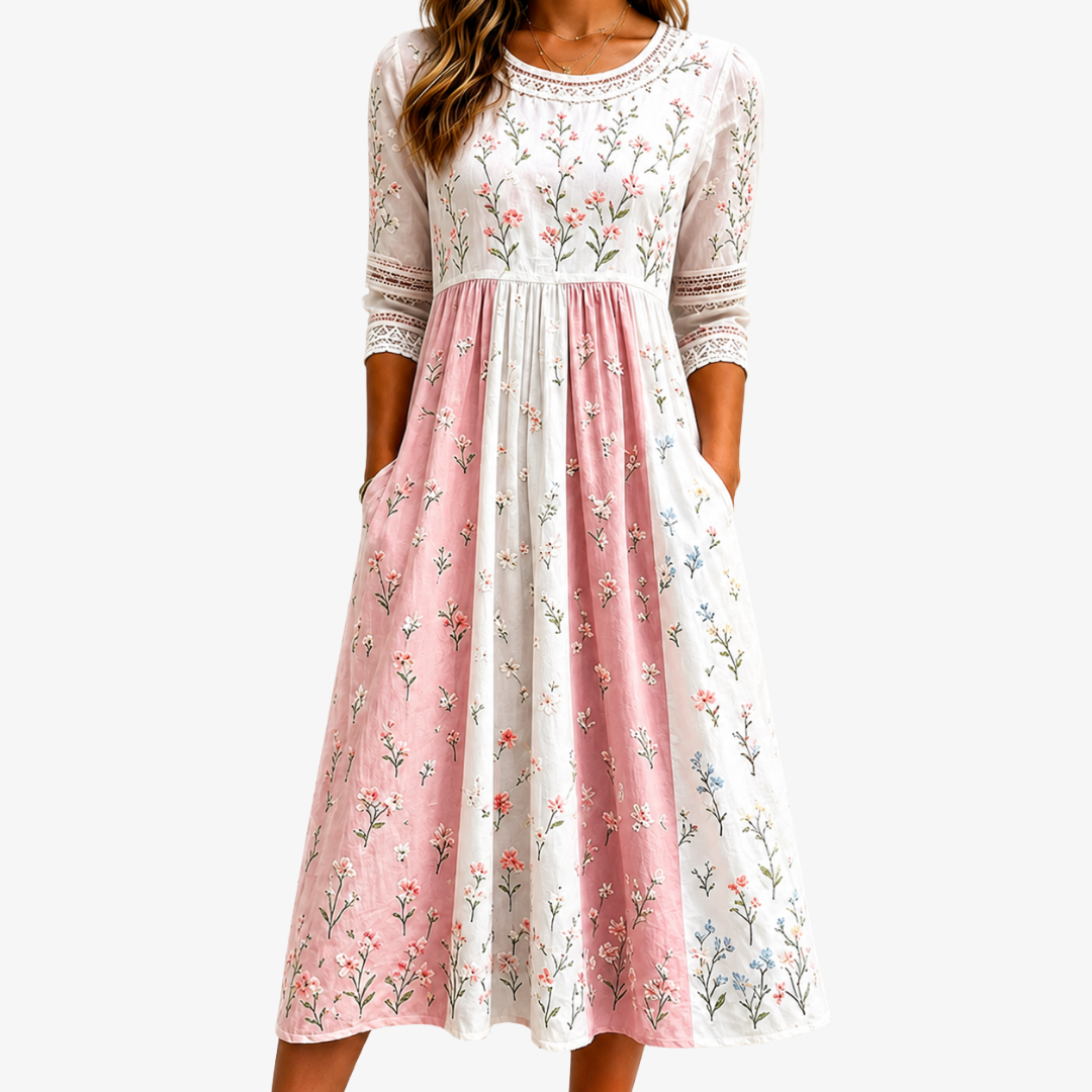Alexa | Blush Meadow Patchwork Pocket Midi Dress