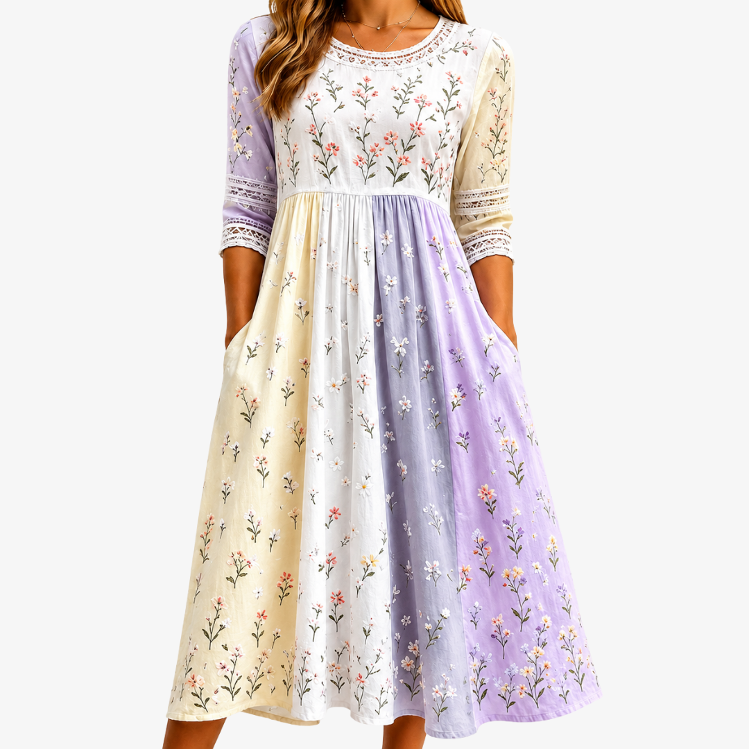 Serenity | Lavender Meadow Patchwork Pocket Midi Dress
