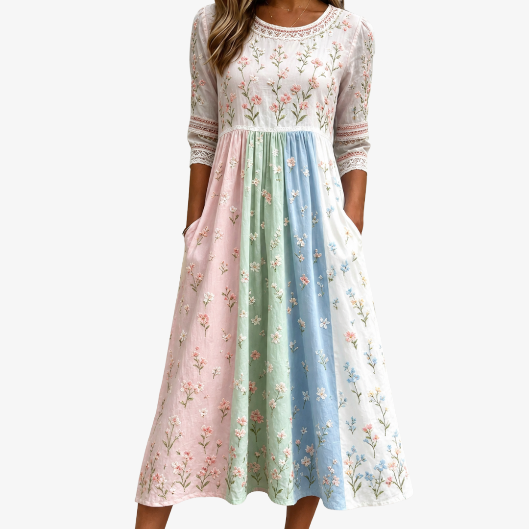 Genesis | Pastel Meadow Color-Block Floral Pocket Midi Dress