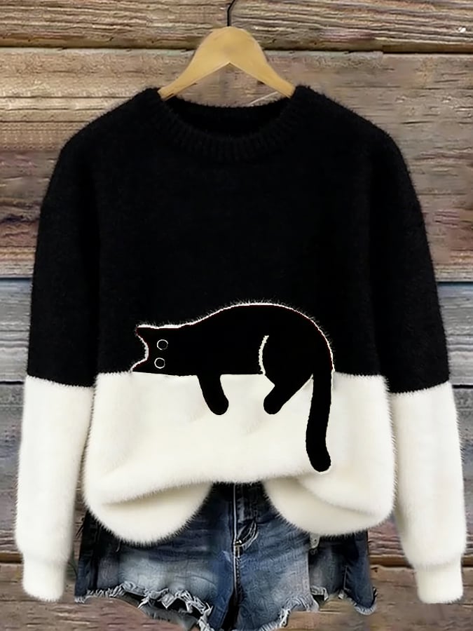 Olivia | Elegant Cat Print Oversized Sweater