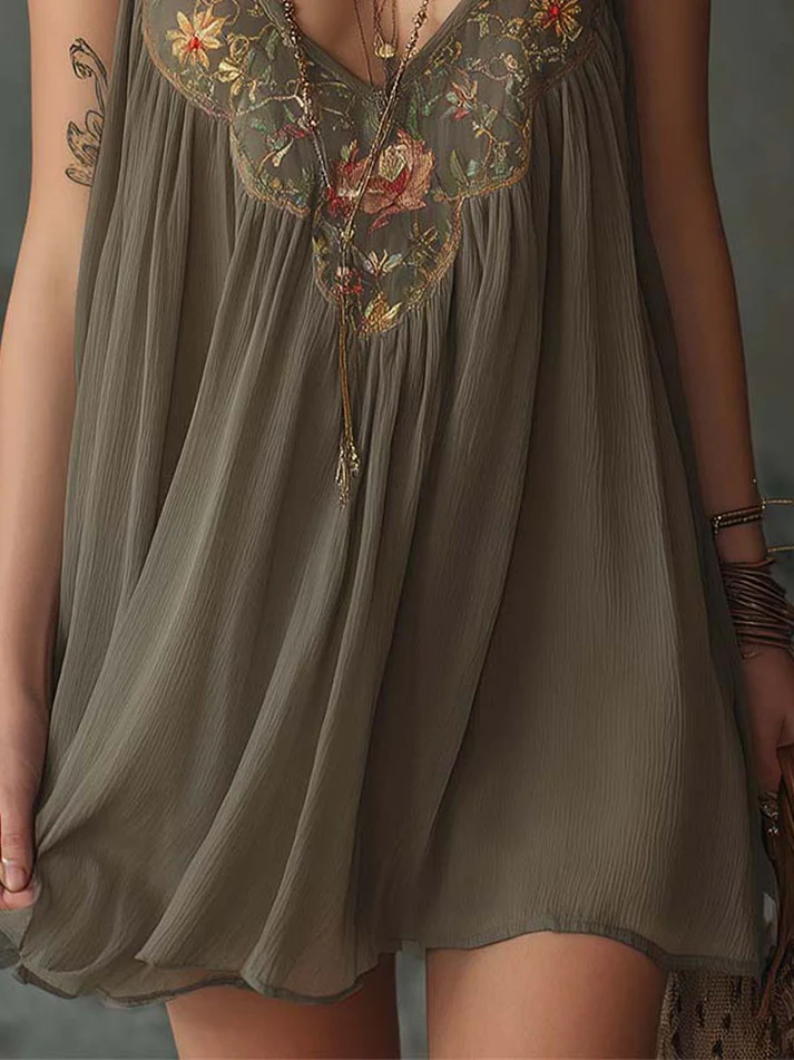 Athena | Gray Halter Floral Tiered Boho Mini Dress