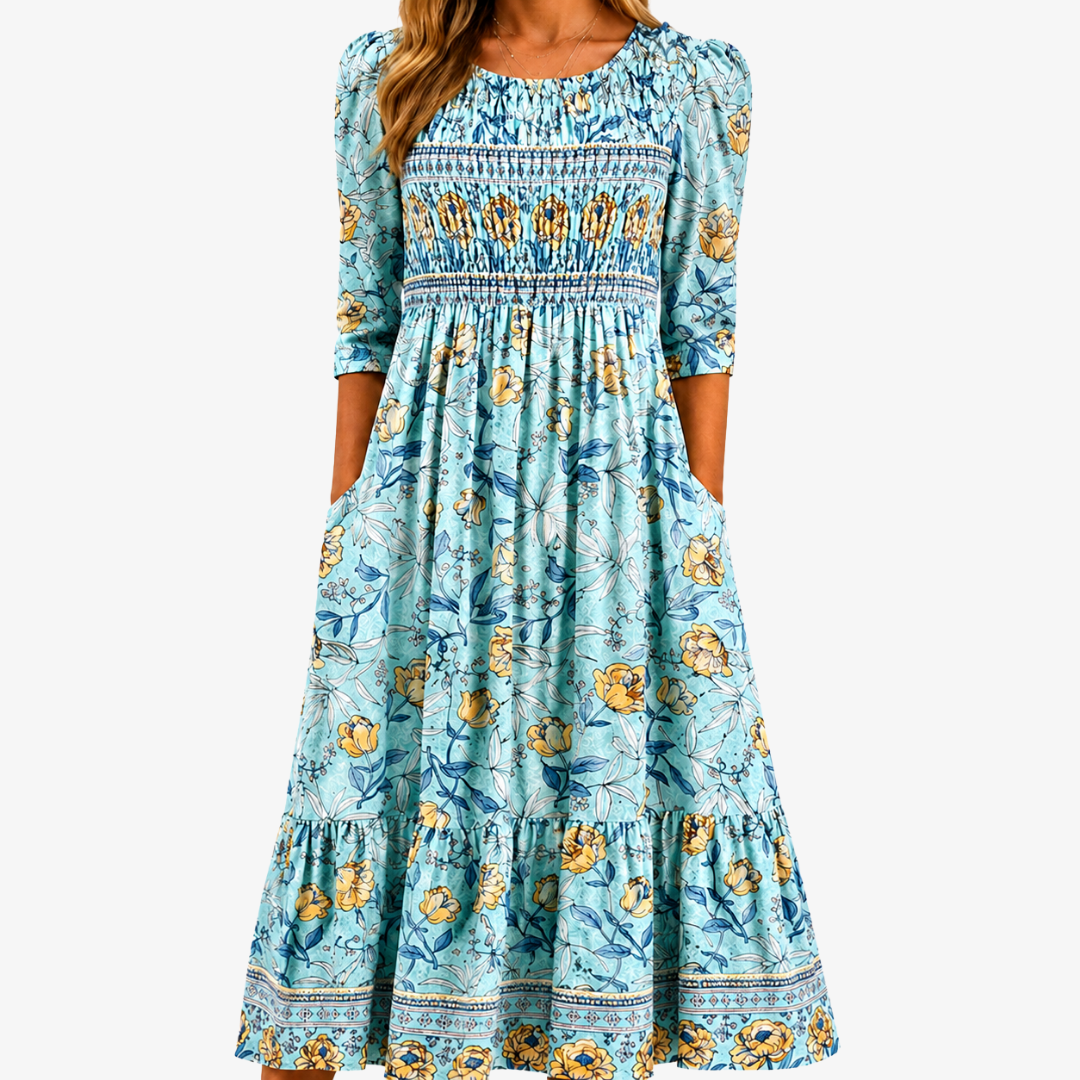 Zoe | Golden Bloom Smocked Floral Midi Dress