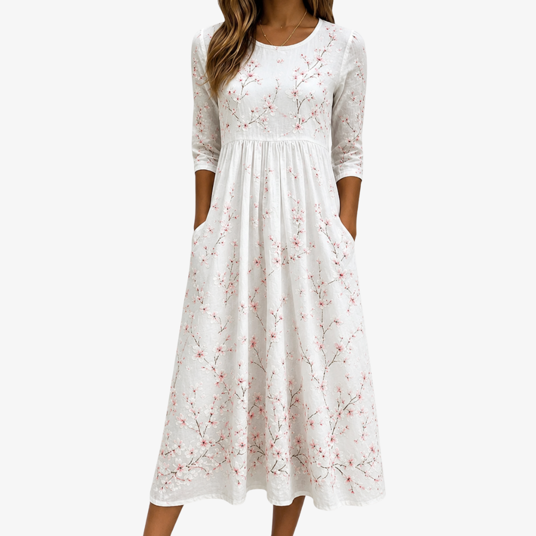Madelyn | Cherry Blossom Grace Ivory Floral Everyday Midi Dress