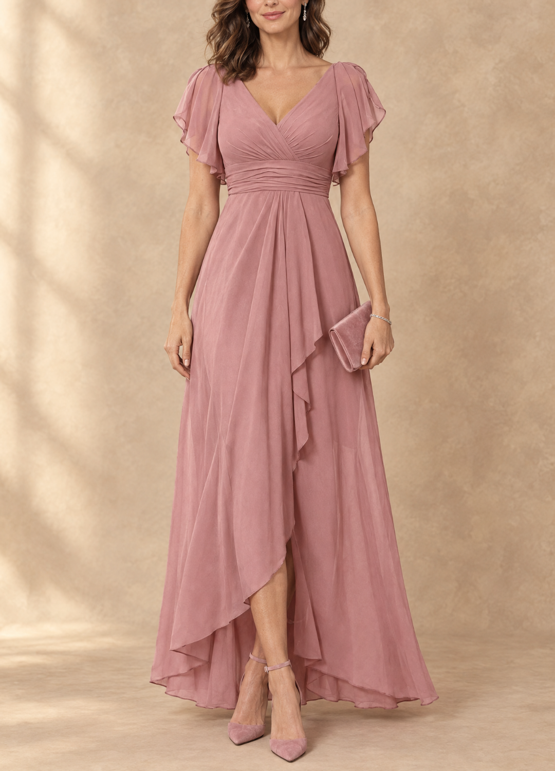 Denise | Flutter Sleeve High-Low Chiffon Maxi Dress