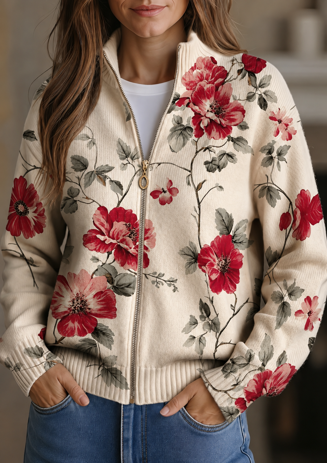 Gianna | Vintage Rose Print Zip Cardigan