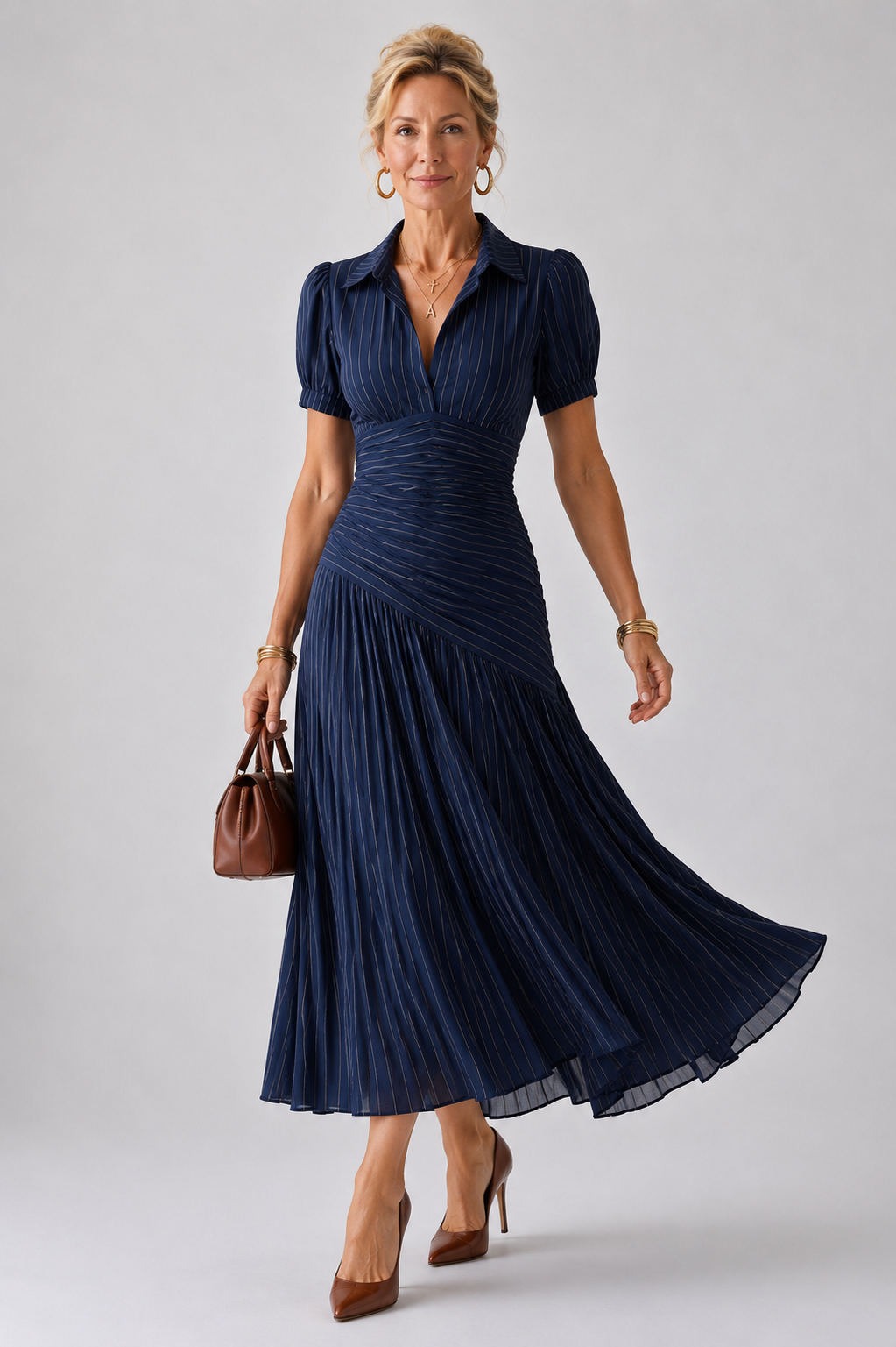 Cordelia | Pleated Waistline Stripe Midi Dress
