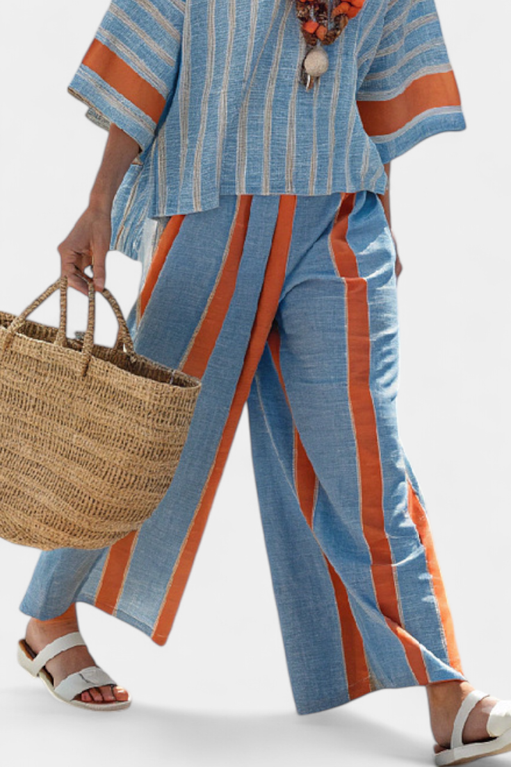 Ava | Terracotta Striped Linen Trouser Set