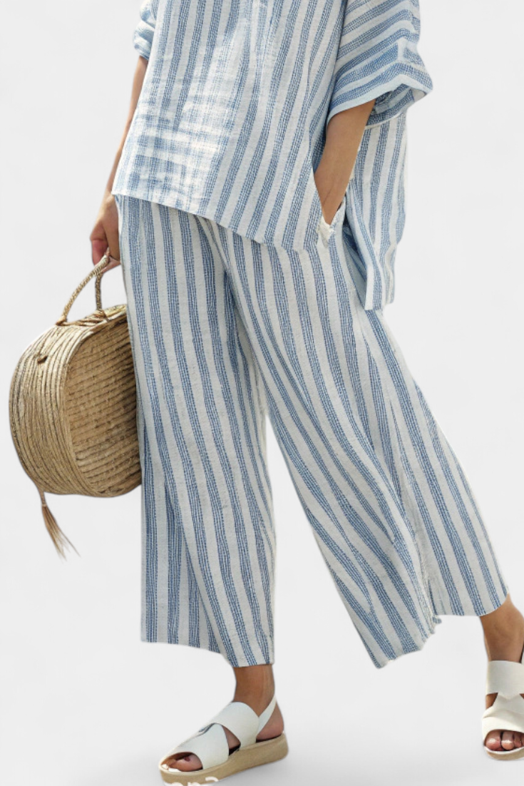 Isabella | Blue Striped Linen Trouser Set