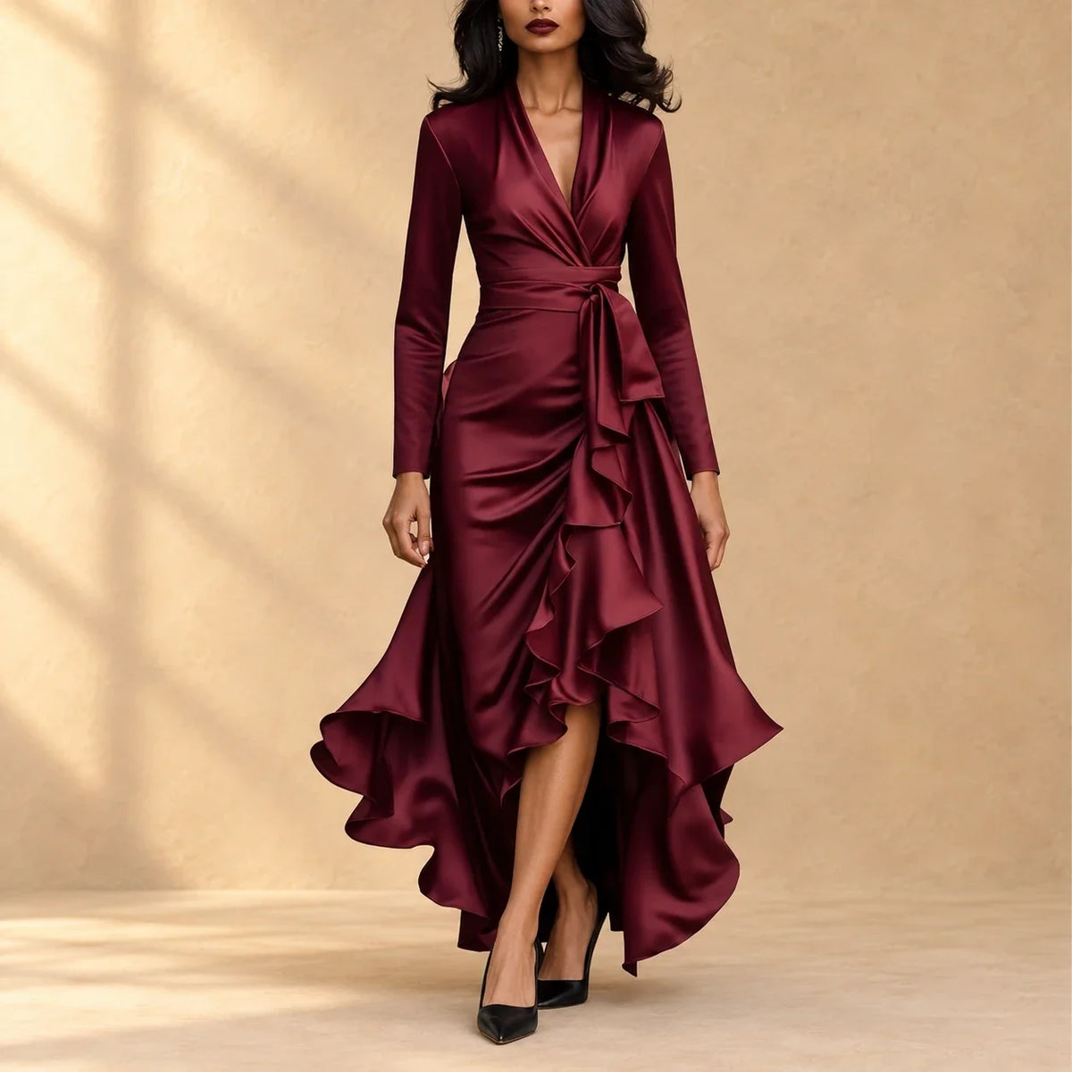 Charlotte | Satin Ruffle Wrap Dress