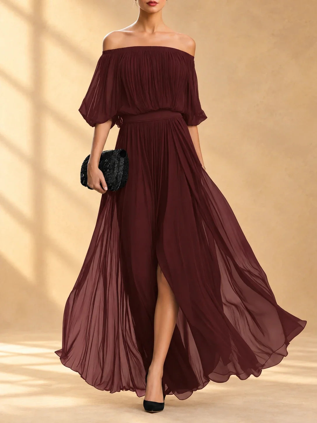 Genevieve | Off-Shoulder Chiffon Maxi Dress
