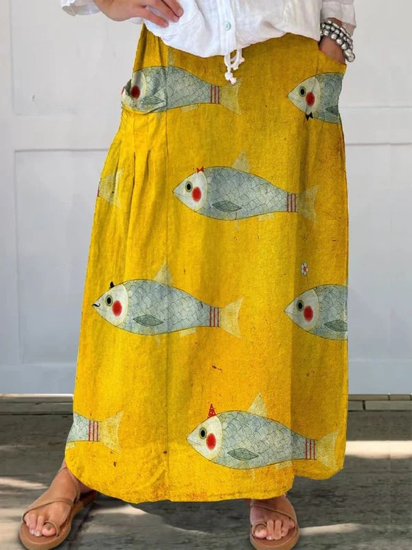 Aria | Vintage Fish Art Print Linen Skirt