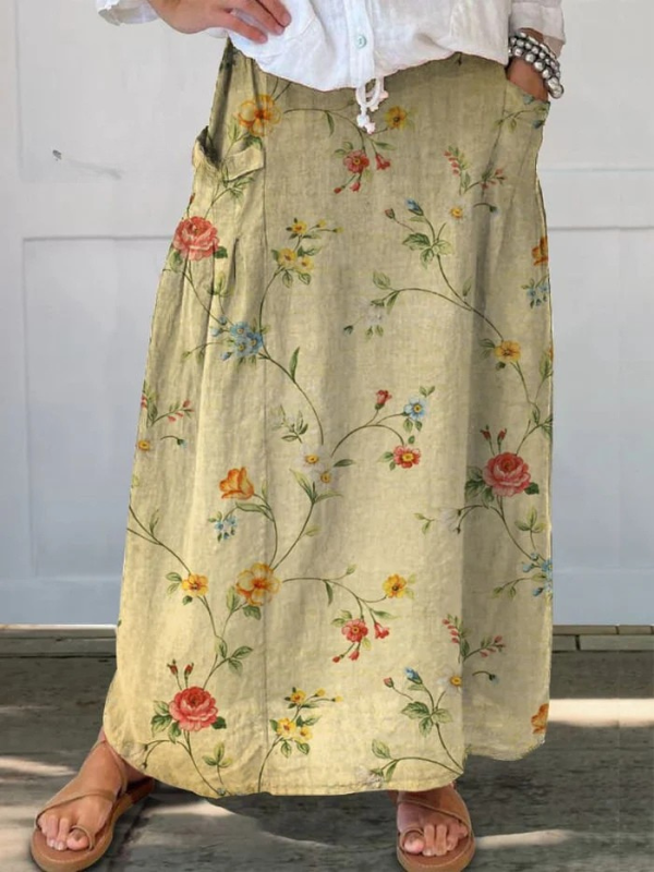 Ella | Retro Elegant Floral Art Linen Skirt