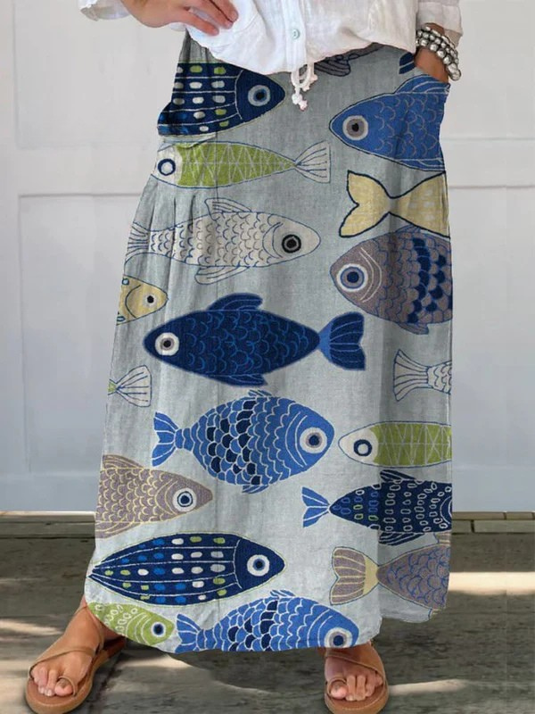 Mia | Vintage Fish Art Print Linen Skirt