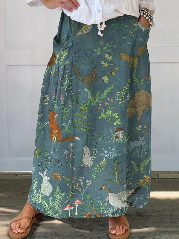 Scarlett | Retro Floral and Animals Art Linen Skirt