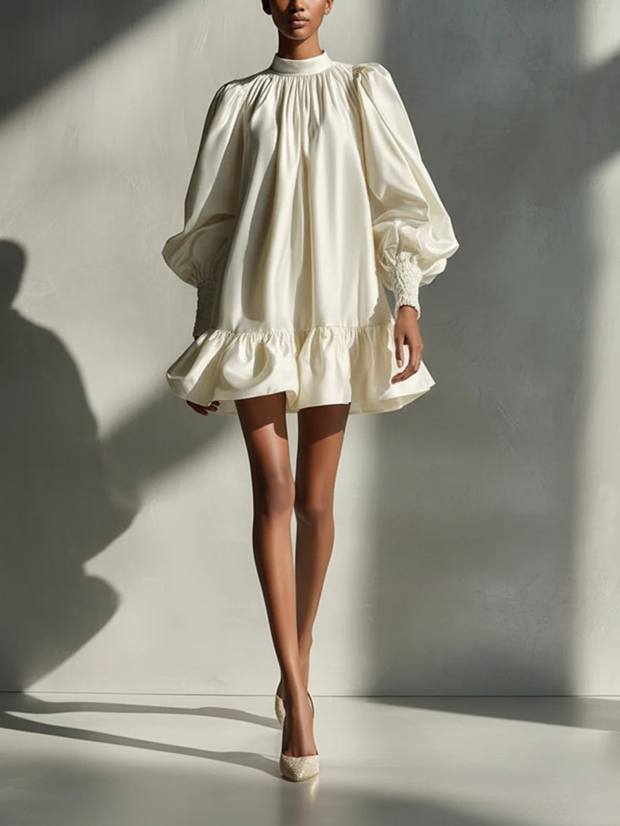 Emery | Beige Satin Puff Sleeve Ruffle Mini Dress
