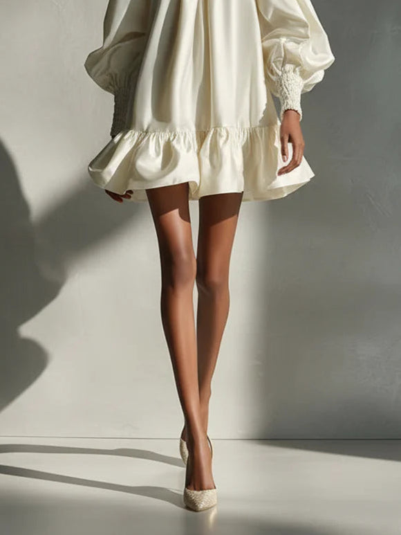 Emery | Beige Satin Puff Sleeve Ruffle Mini Dress