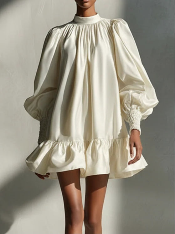 Emery | Beige Satin Puff Sleeve Ruffle Mini Dress