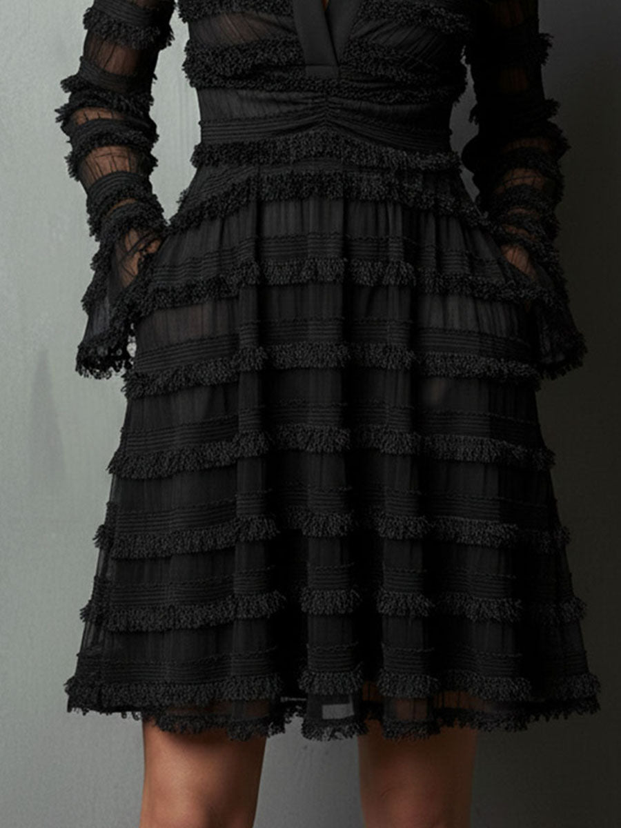Adalyn | Black Fringe Textured Sheer Layered Mini Dress