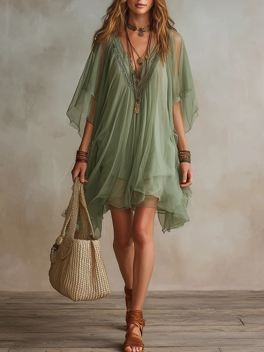 Aubree | Green Layered V-Neck Flowy Mini Dress