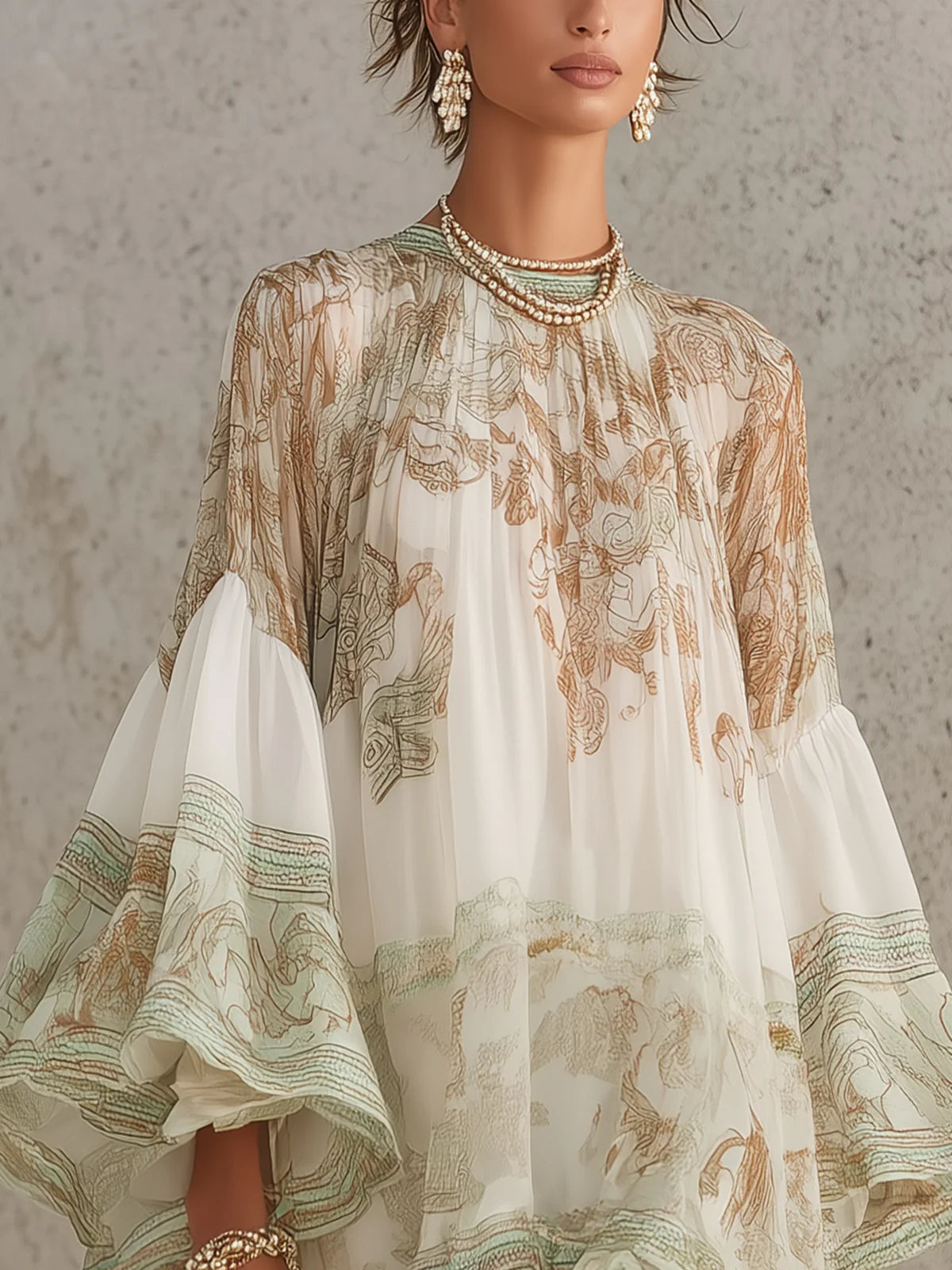 Hadley | Green Print Ruffle Hem Flounce Sleeve Mini Dress