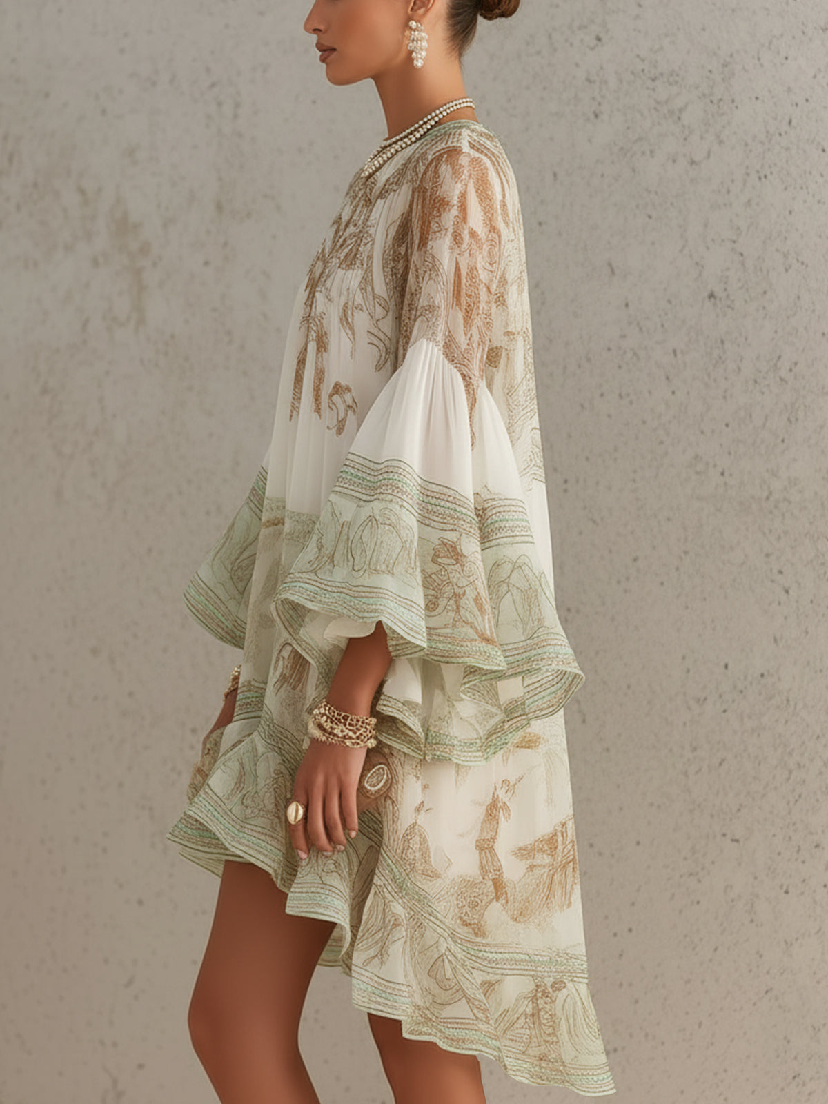 Hadley | Green Print Ruffle Hem Flounce Sleeve Mini Dress