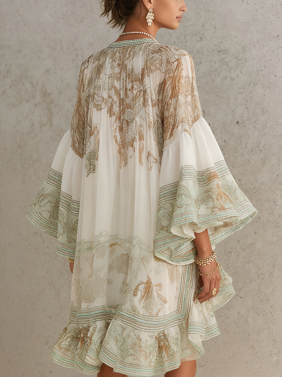 Hadley | Green Print Ruffle Hem Flounce Sleeve Mini Dress