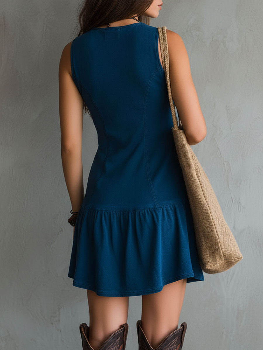 Norah | Bohemian Indigo V-Neck Button-Down Mini Dress