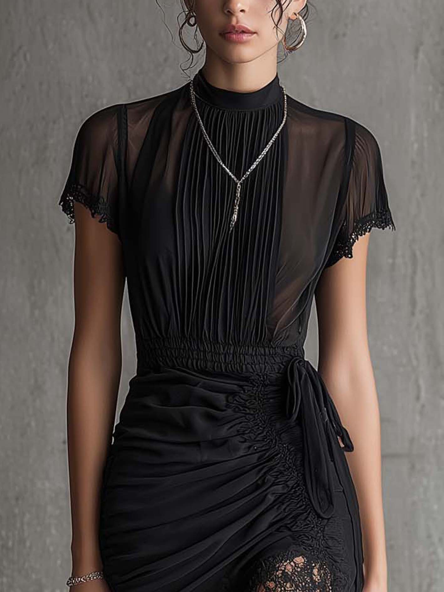 Vivian | Black Lace Trim Pleated Ruched-Waist Mini Dress