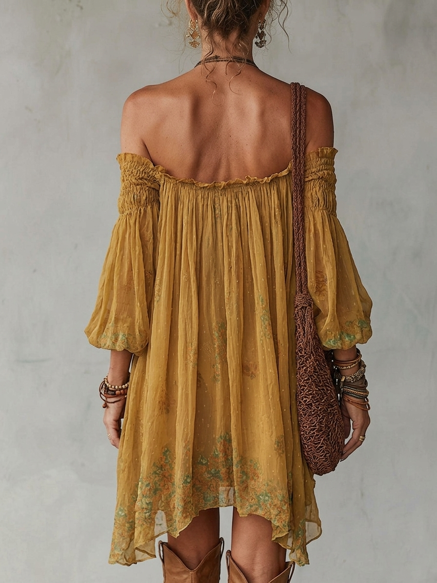 Elliana | Yellow Chiffon Floral Off-Shoulder Mini Dress