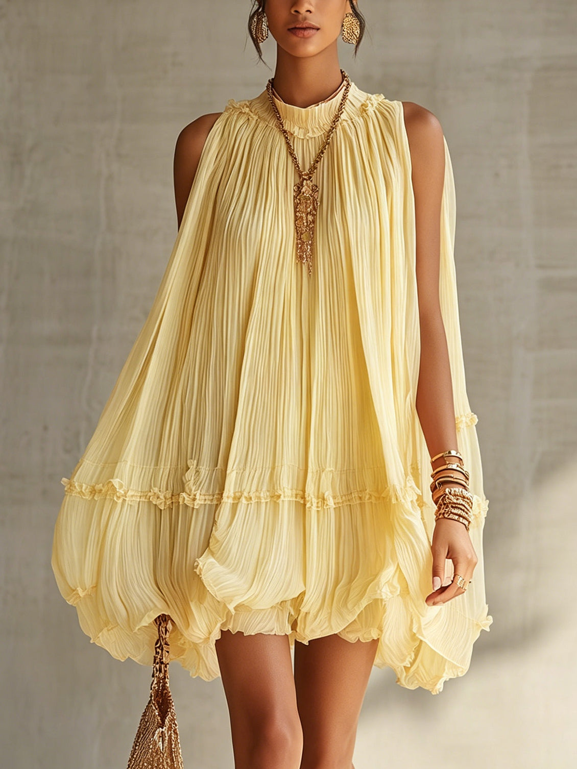 Sara | Yellow Halter Ruffled Chiffon Bubble Mini Dress