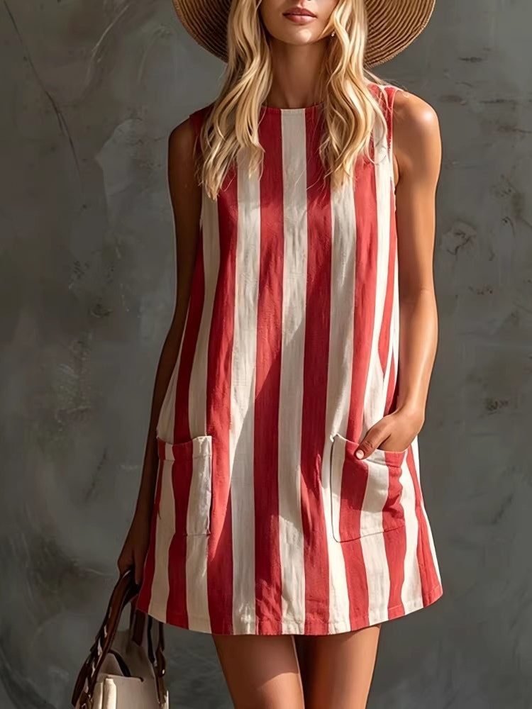 Eliza | Retro Striped Sleeveless Crew Neck Mini Dress