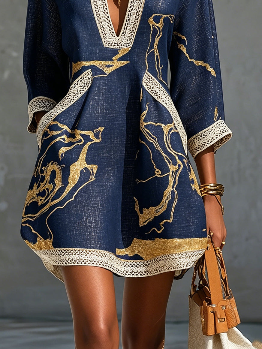 Reagan | Navy Gold Print V-Neck A-Line Mini Dress