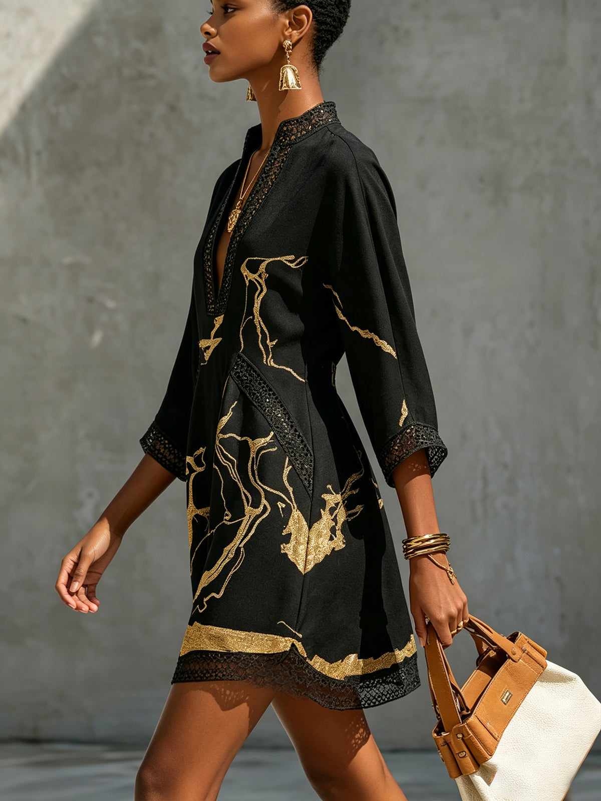 Amaya | Black Gold Marble V-Neck A-Line Mini Dress