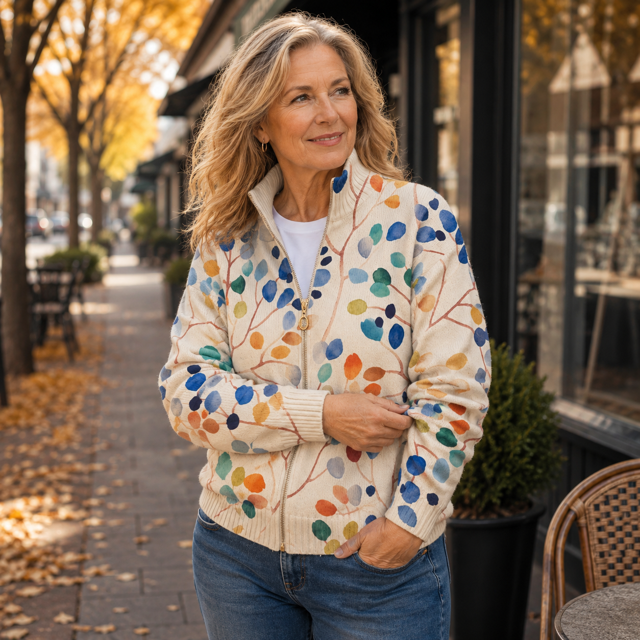 Julia | Botanical Leaf Print Zip Cardigan
