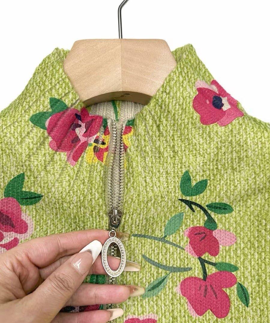 Ava | Pink Floral Lime Zip Cardigan