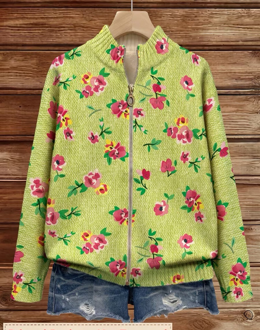 Ava | Pink Floral Lime Zip Cardigan