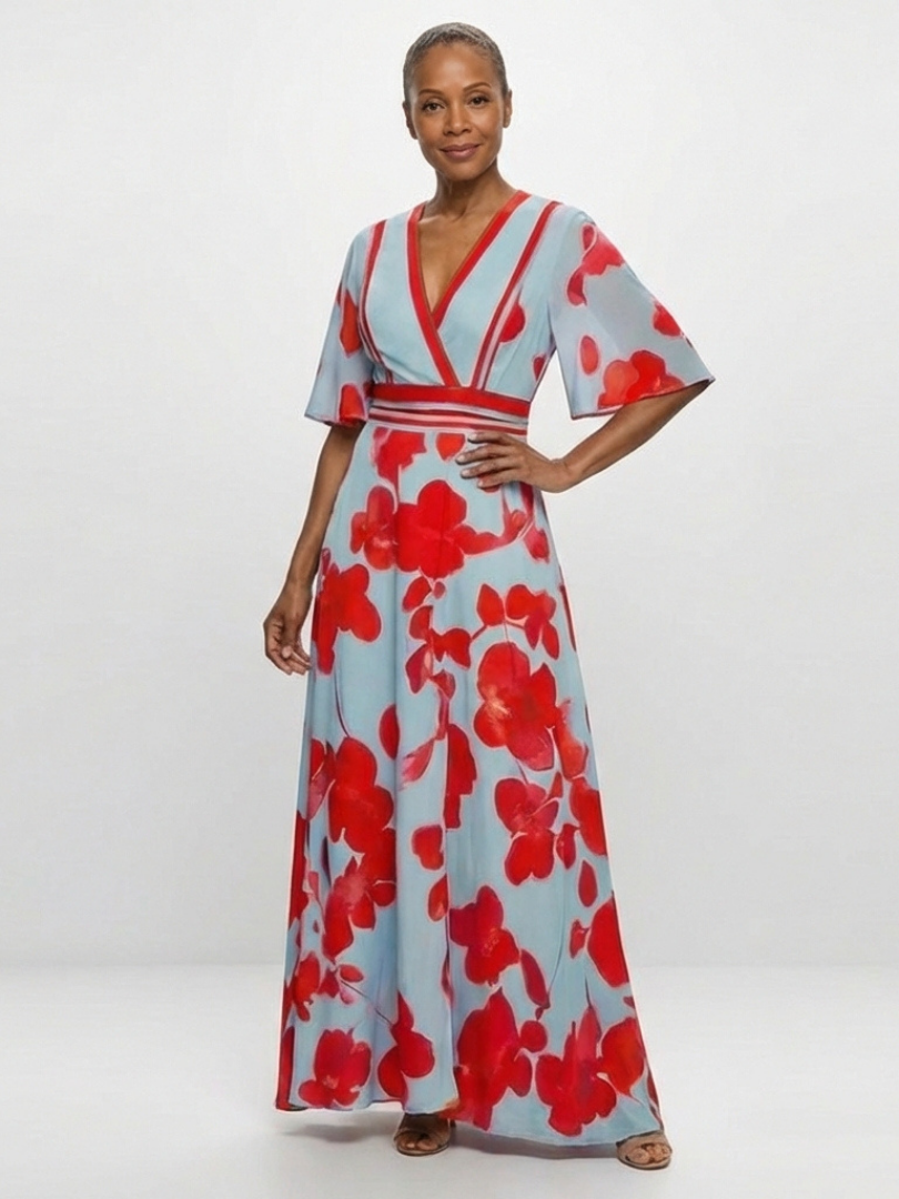 Harriet | V Neck Short Sleeve Floral Maxi Dress