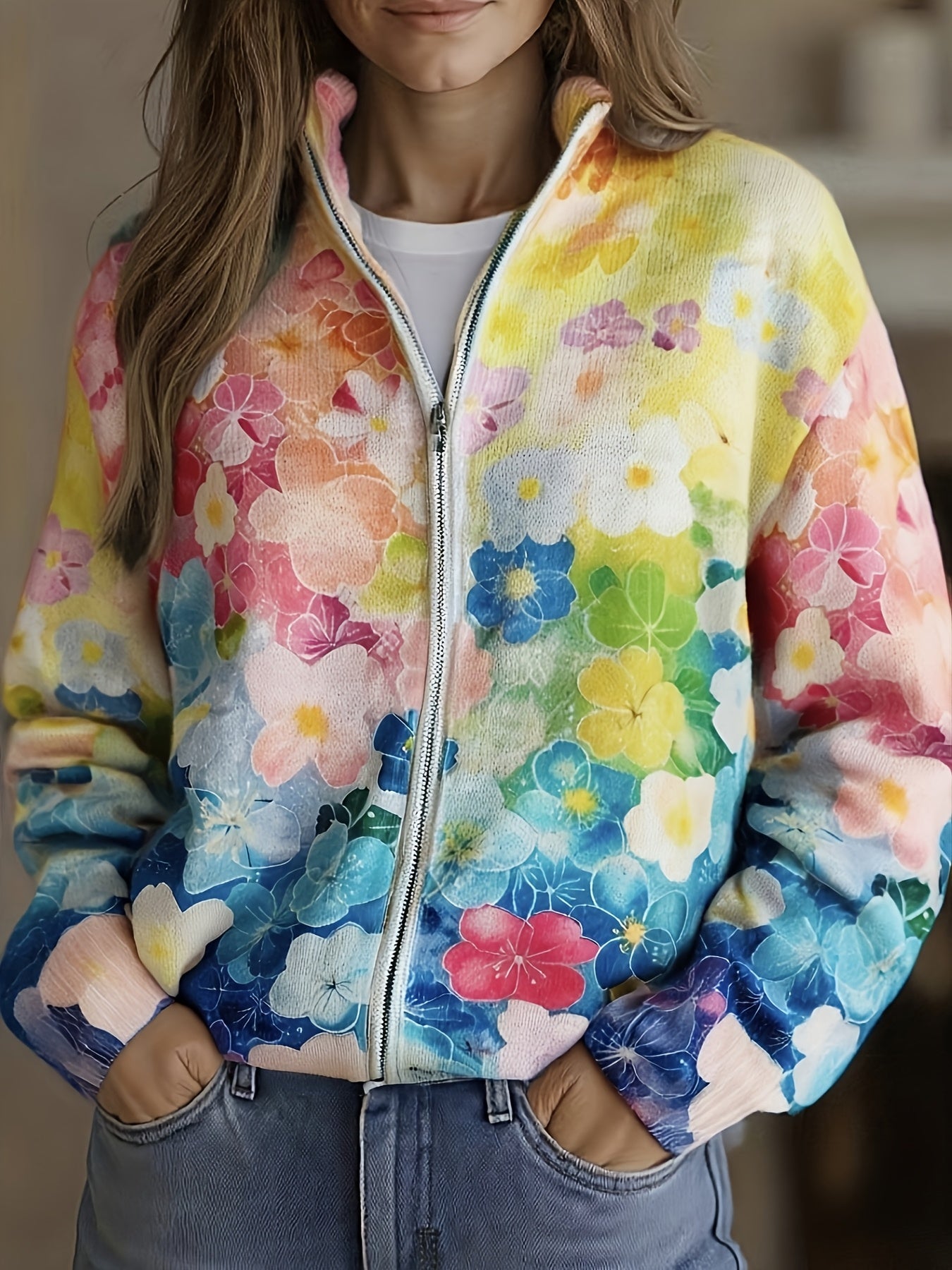 Reagan | Watercolor Floral Ombre Zip Cardigan
